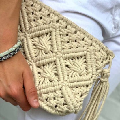 Macrame Clutch with Tassel, Cream - Image 5