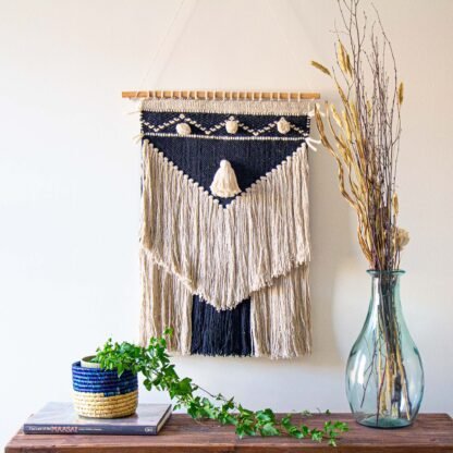 Handwoven Boho Wall Hanging, Charcoal & Cream - Image 4