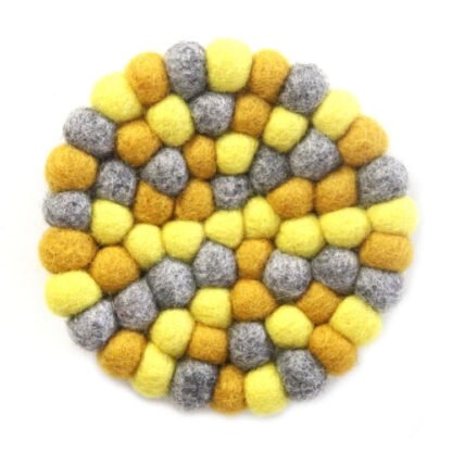 Hand Crafted Felt Ball Trivets from Nepal: Round Chakra, Yellows - Global Groove (T) - Image 2