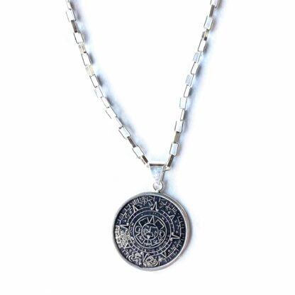 Alpaca Silver Aztec Calendar Pendant with Chain - Image 8