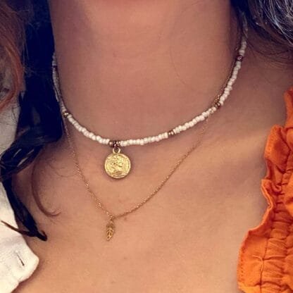 White Glass Bead Choker with Brass Coin Pendant - Image 2