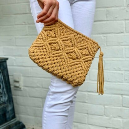 Macrame Clutch with Tassel, Tan - Image 6