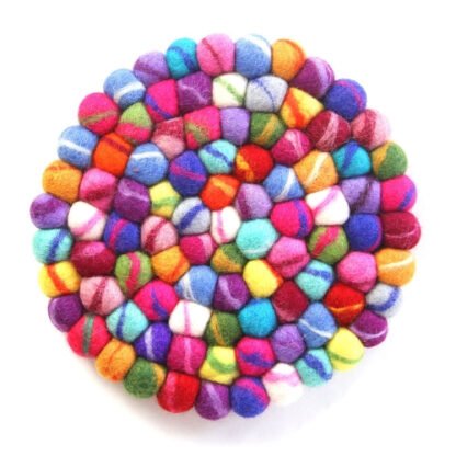 Hand Crafted Felt Ball Trivets from Nepal: Round, Rainbow - Global Groove (T) - Image 2