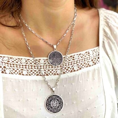 Alpaca Silver Aztec Calendar Pendant with Chain - Image 3