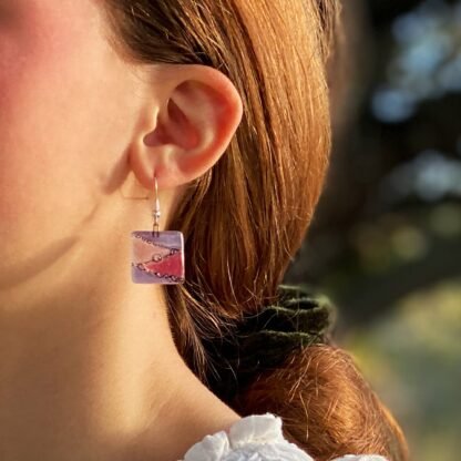 Square Glass Dangle Earrings, Zig Zag Purple & Pink - Tili Glass - Image 2