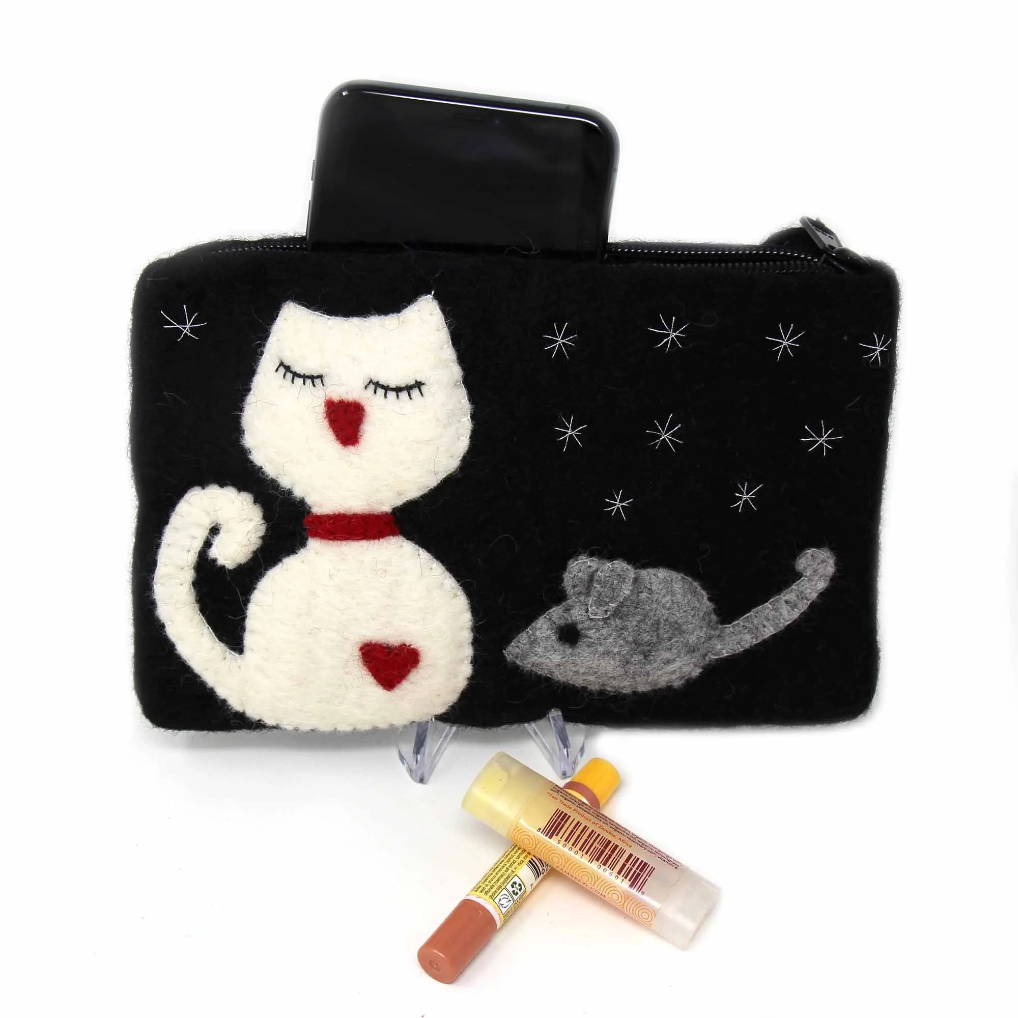 Hand Crafted Felt: White Cat Pouch - Image 2