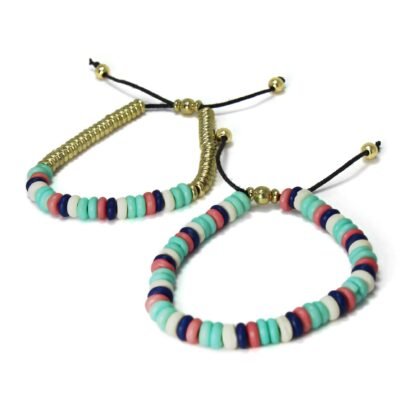 Adjustable Bone Bead Bracelet Set, Mint and Pink - Image 3