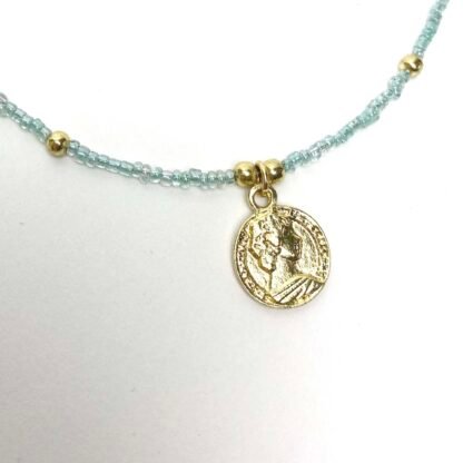 Baby blue Glass Bead Choker with Brass Coin Pendant - Image 3