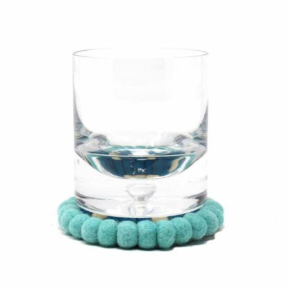 Hand Crafted Felt Ball Coasters from Nepal: 4-pack, Flower Turquoise - Global Groove (T) - Image 3