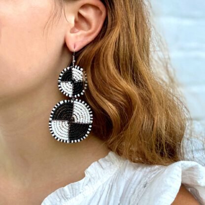 Maasai Bead Double Circle Dangle Earrings, White and Black - Image 2