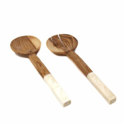 Olive Wood Salad Servers with Bone Handles, White with Square Design - Image 2