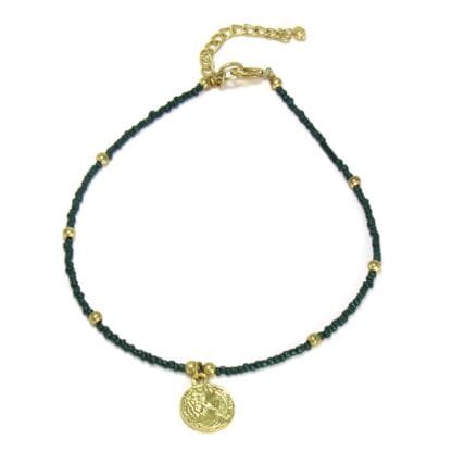 Dark Green Glass Bead Choker with Brass Coin Pendant - Image 2