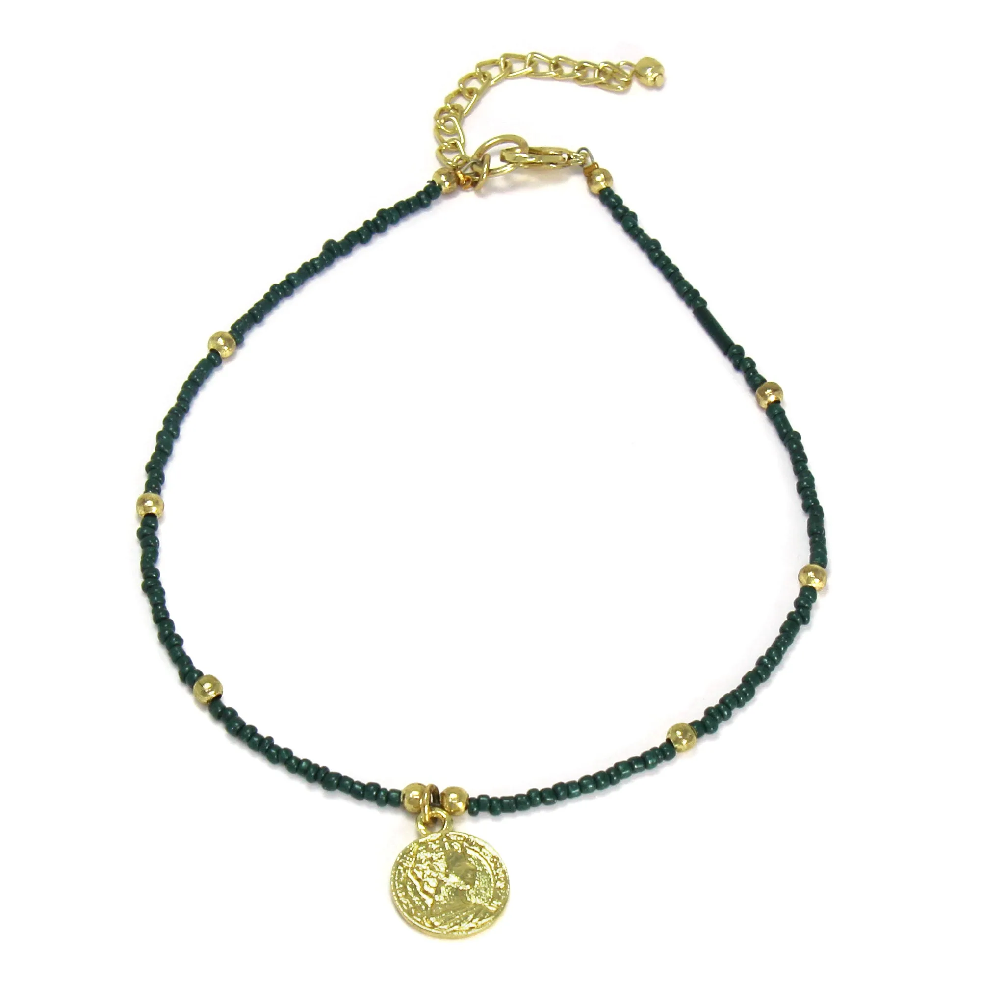Dark Green Glass Bead Choker with Brass Coin Pendant - Image 2