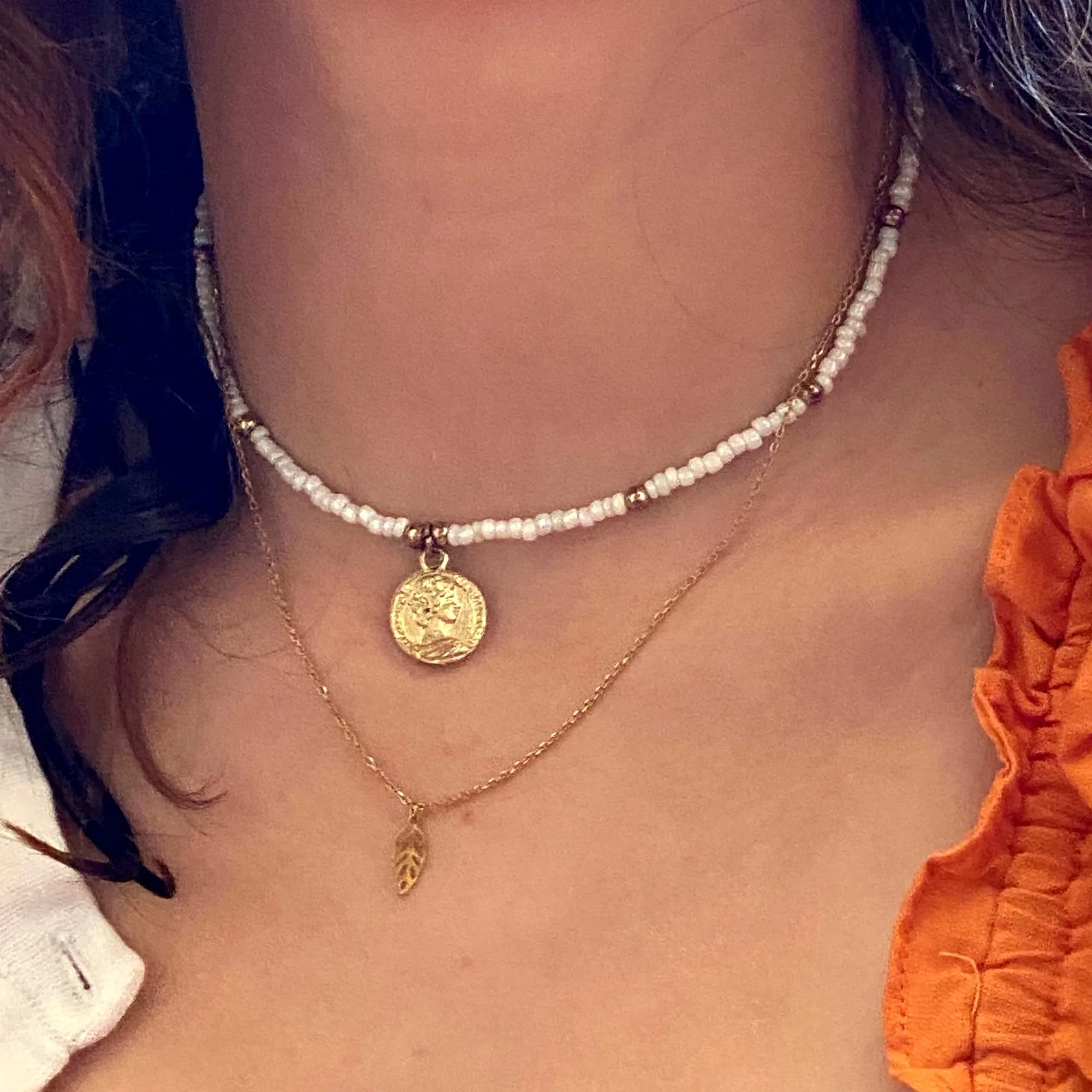 Dark Green Glass Bead Choker with Brass Coin Pendant - Image 3