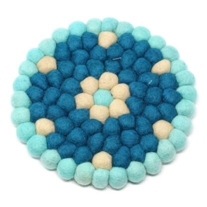 Hand Crafted Felt Ball Coasters from Nepal: 4-pack, Flower Turquoise - Global Groove (T) - Image 2