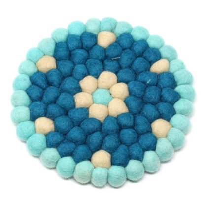 Hand Crafted Felt Ball Trivets from Nepal: Round Flower Design, Turquoise - Global Groove (T) - Image 2