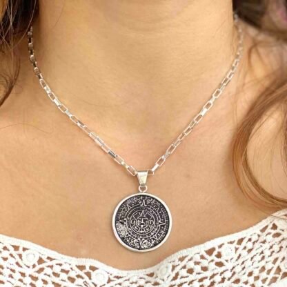 Alpaca Silver Aztec Calendar Pendant with Chain - Image 2