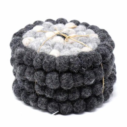 Hand Crafted Felt Ball Coasters from Nepal: 4-pack, Flower Black/Grey - Global Groove (T) - Image 2