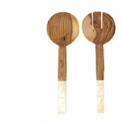 Olive Wood Salad Servers with Bone Handles, White with Square Design - Image 3